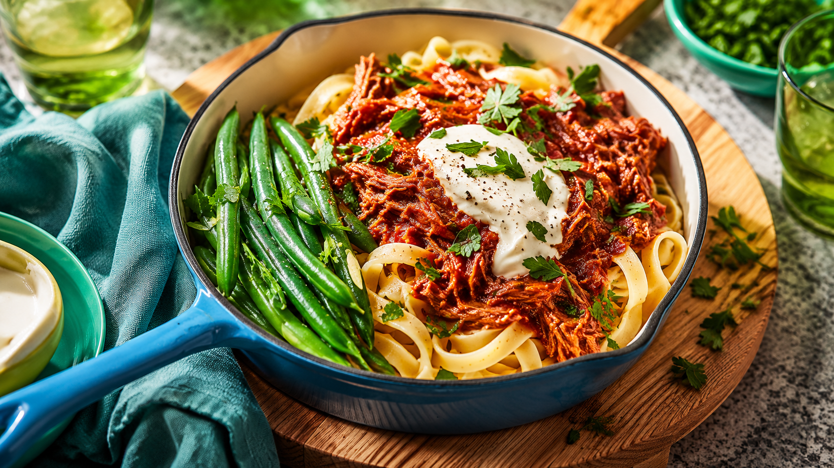Krémový houbový stroganov s těstovinami, Shiitake a zelenými fazolkami