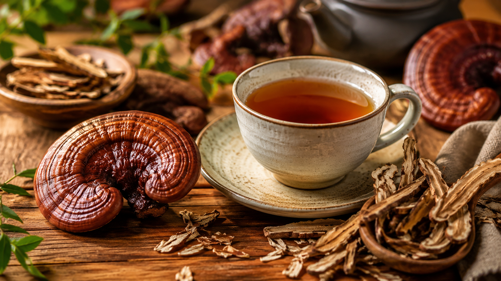 Reishi čaj se zázvorem, citronem, medem a skořicí