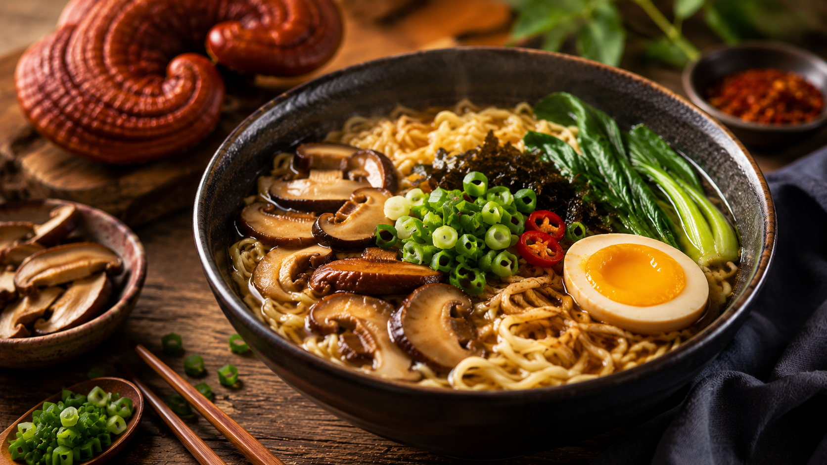 Reishi ramen s nudlemi, vejcem, zeleninou, wakame a jarní cibulkou
